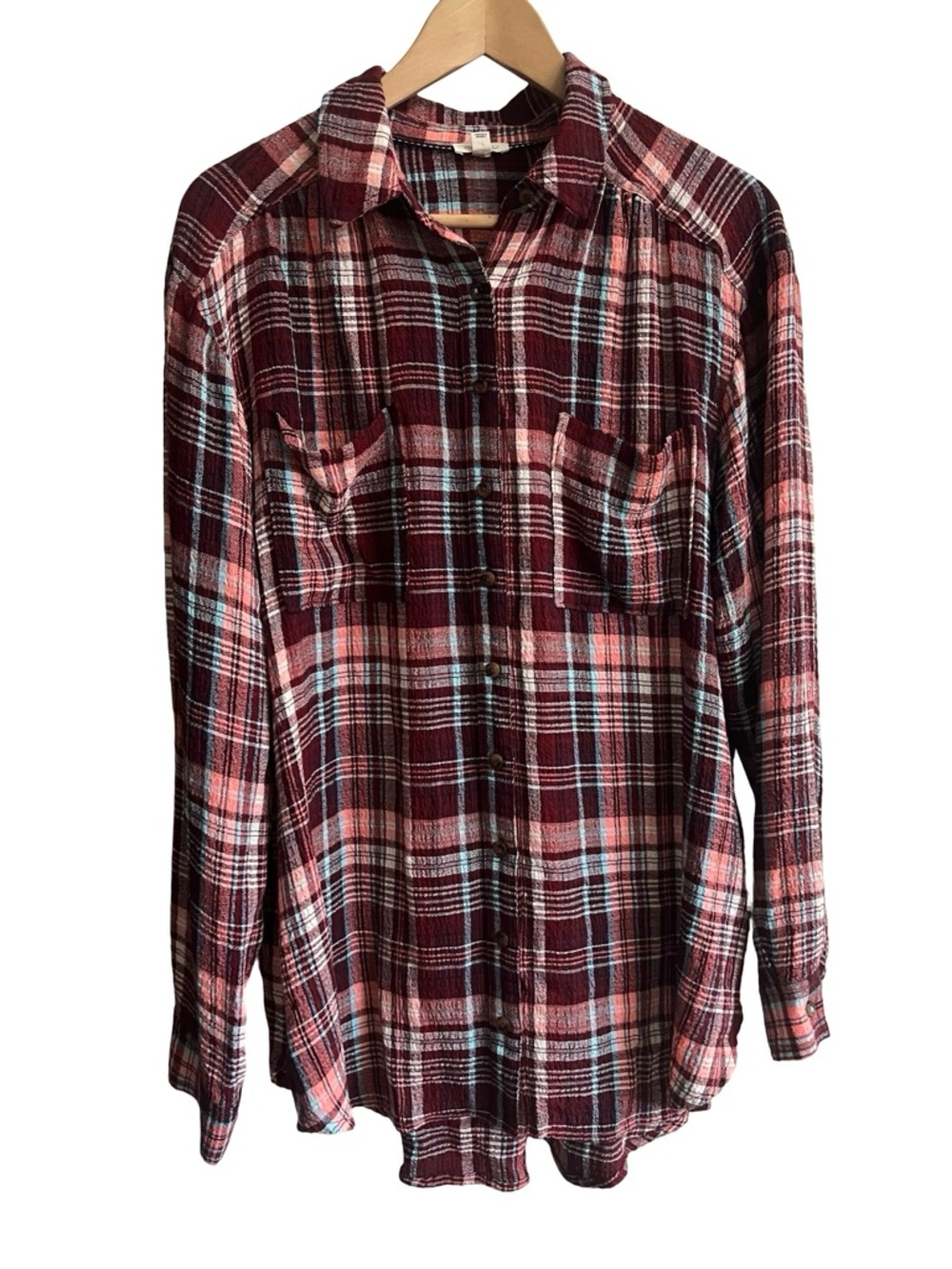 Anthropologie Pilcro $98 Plaid Button-Up Boho Top Shirt Sz L Western Indie Red